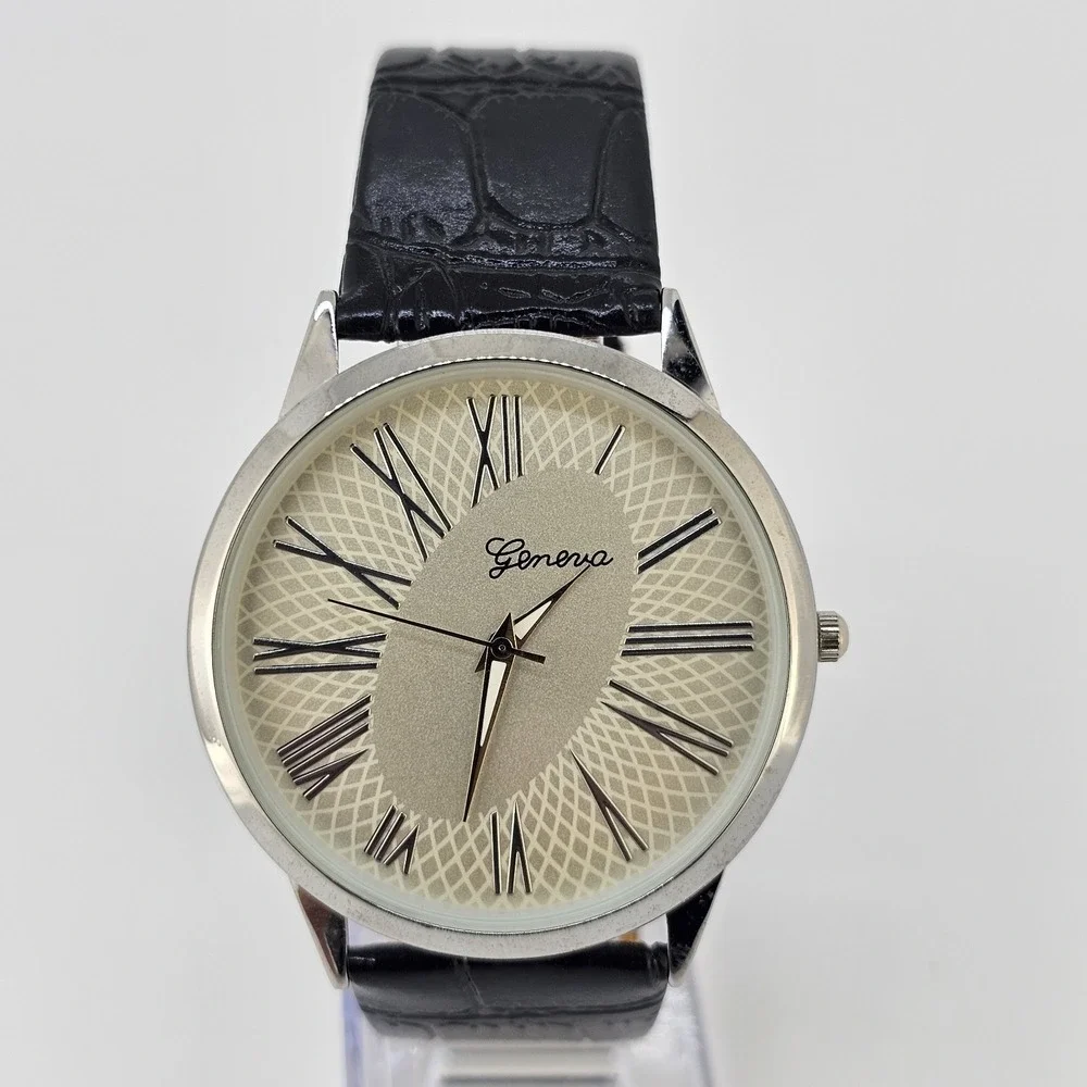 42MM Men's Watch‎ Roman Numerals Tan Dial Black Leather Bands New Battery